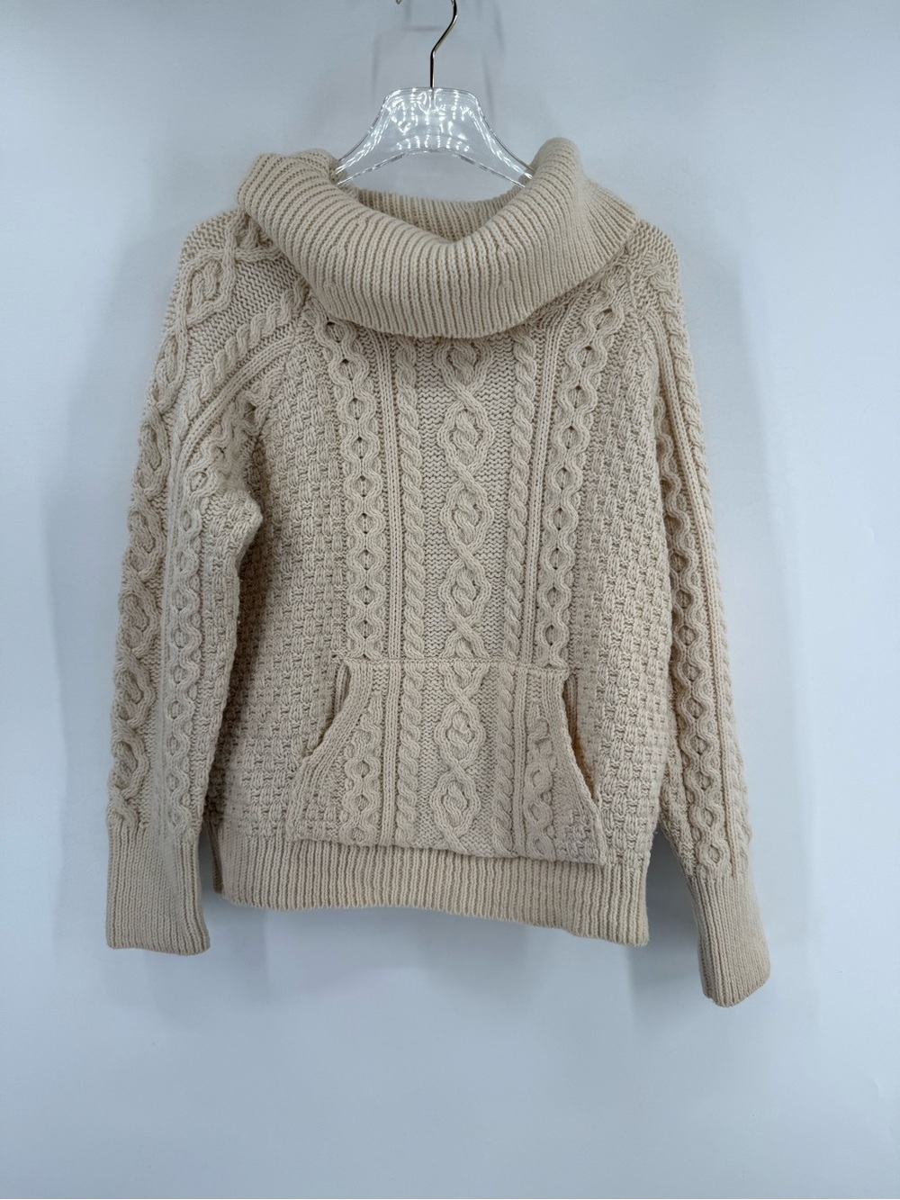 Carraig Donn Cream Cable Knit Sweater Merino Wool Pouch Pocket made in Ireland